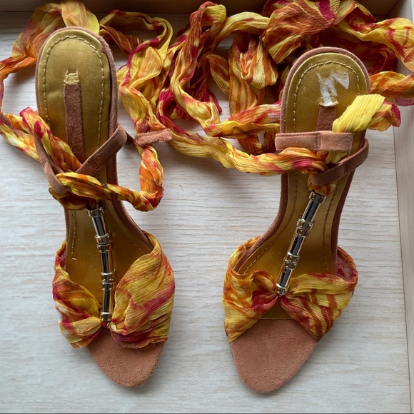 Nine West Jennica orange and yellow lace up heel sandal size 5.5 - Picture 1 of 11